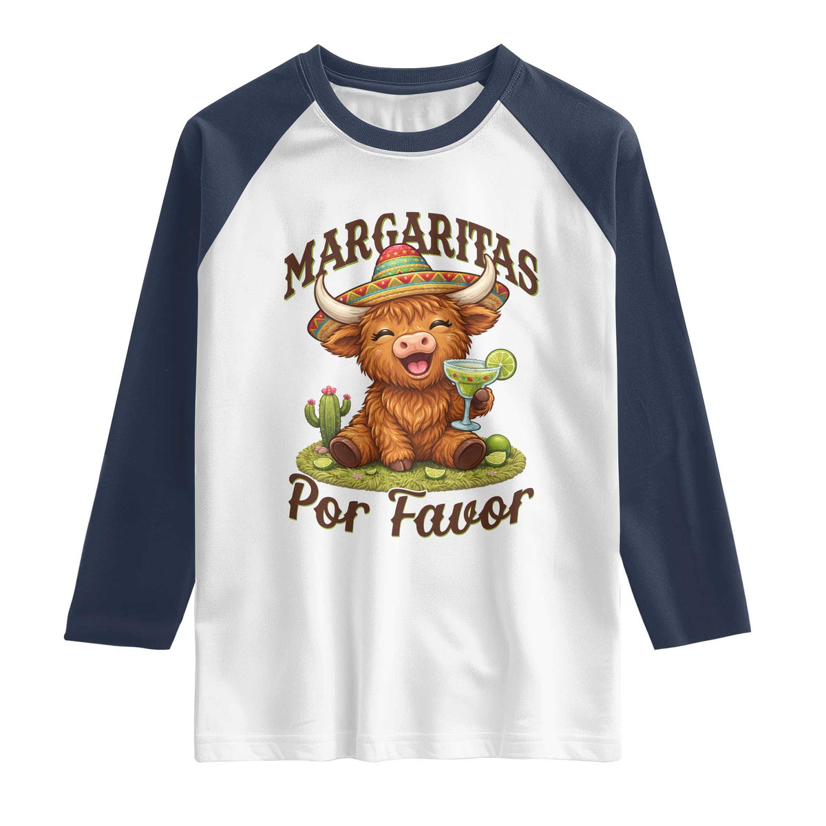 Funny Cinco De Mayo Highland Cow Raglan Shirt Margaritas Por Favor TS12 White Navy Print Your Wear