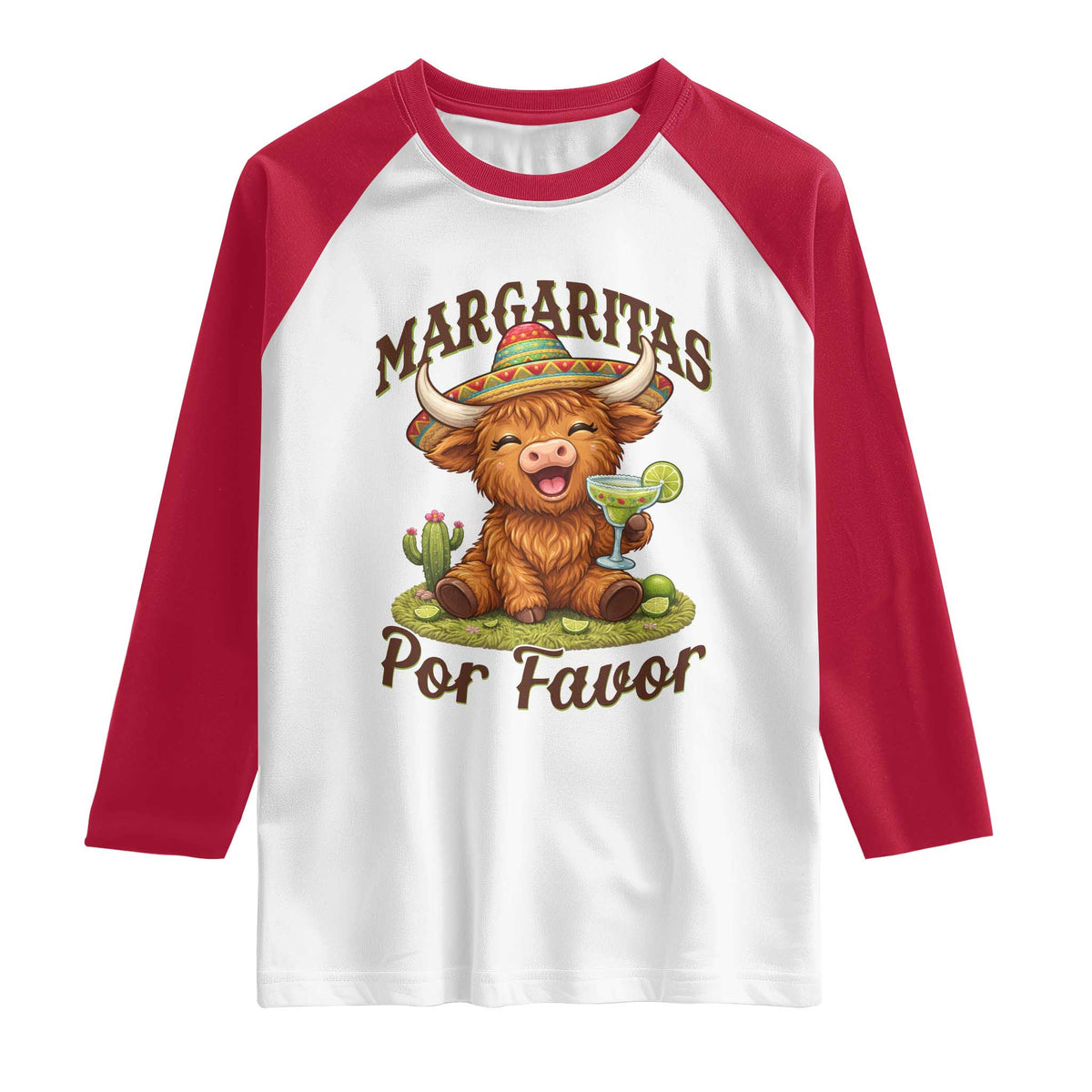 Funny Cinco De Mayo Highland Cow Raglan Shirt Margaritas Por Favor TS12 White Red Print Your Wear
