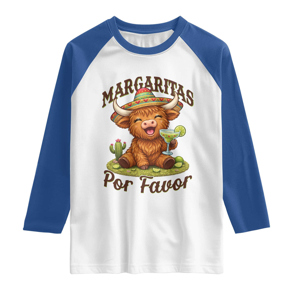 Funny Cinco De Mayo Highland Cow Raglan Shirt Margaritas Por Favor TS12 White Royal Print Your Wear