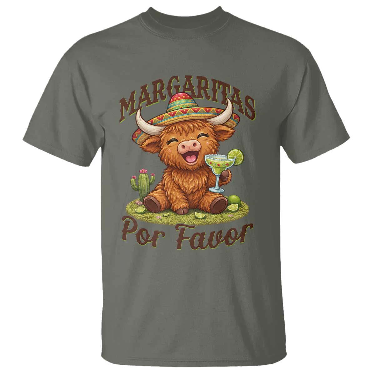 Funny Cinco De Mayo Highland Cow T Shirt Margaritas Por Favor TS12 Military Green Print Your Wear