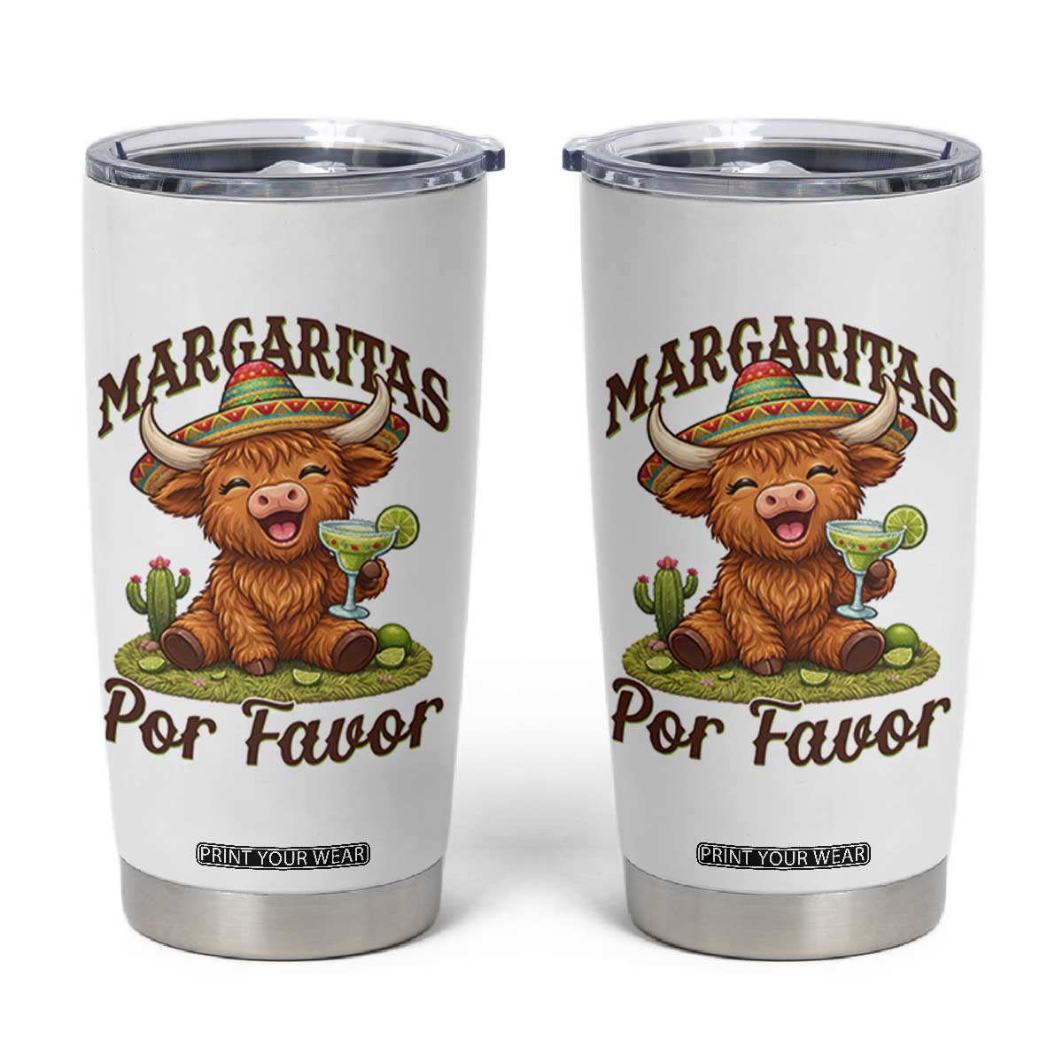 Funny Cinco De Mayo Highland Cow Tumbler Cup Margaritas Por Favor TS12 White Print Your Wear
