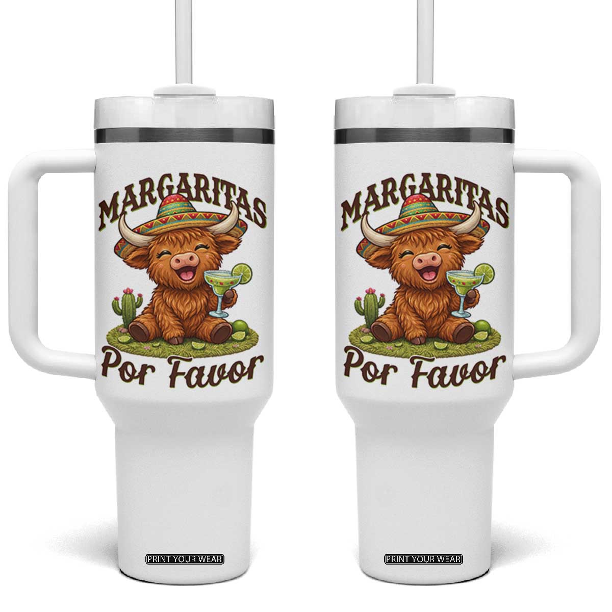 Funny Cinco De Mayo Highland Cow Tumbler With Handle Margaritas Por Favor TS12 One Size: 40 oz White Print Your Wear