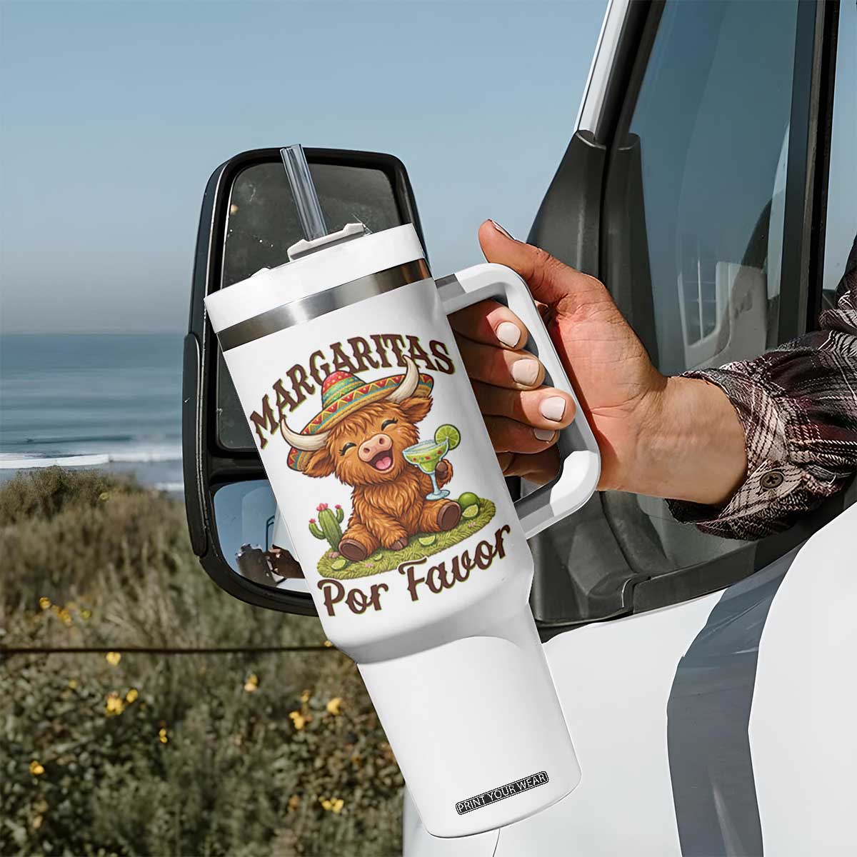 Funny Cinco De Mayo Highland Cow Tumbler With Handle Margaritas Por Favor TS12 Print Your Wear