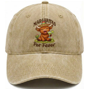 Funny Cinco De Mayo Highland Cow Washed Cotton Baseball Cap Margaritas Por Favor TS12 Print Your Wear
