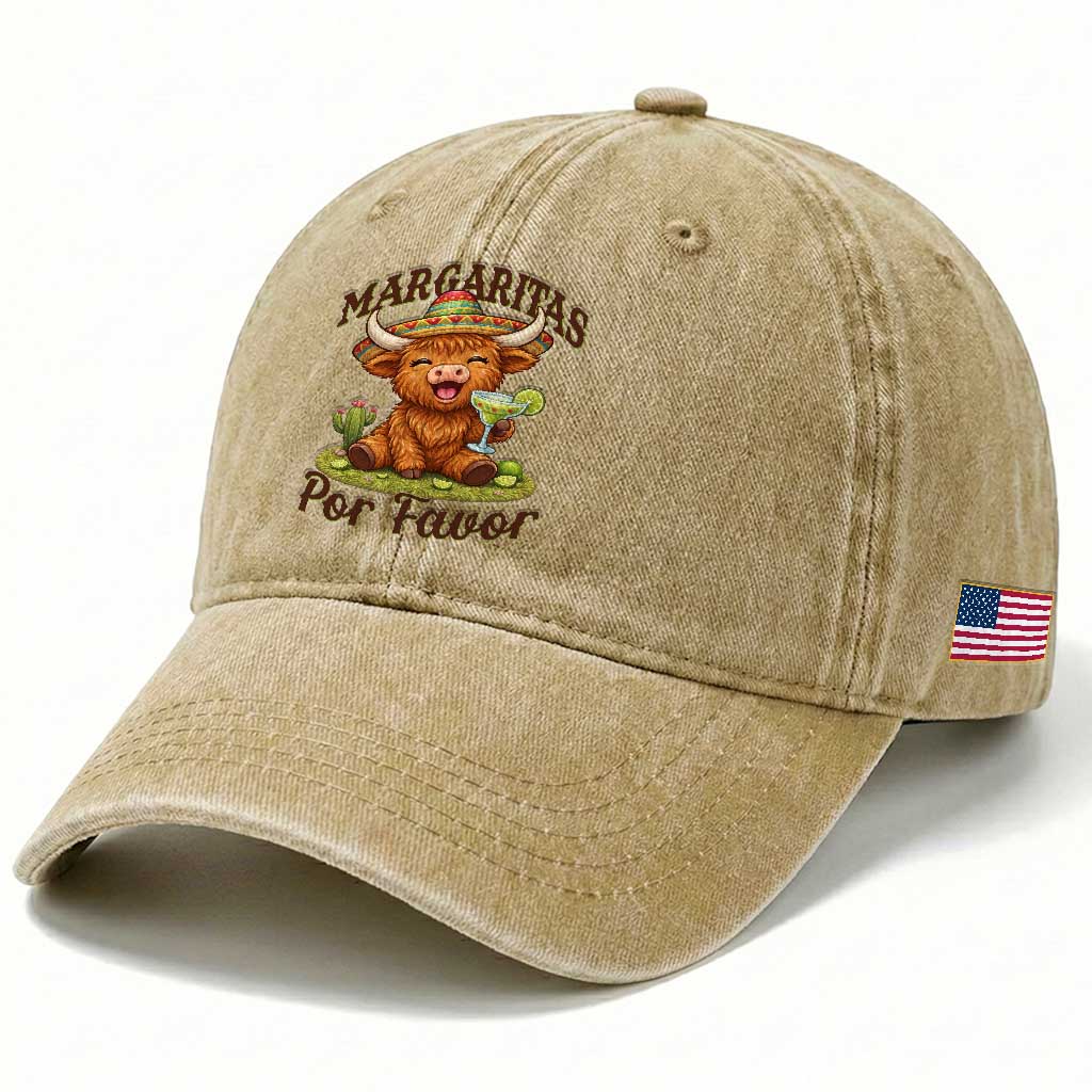 Funny Cinco De Mayo Highland Cow Washed Cotton Baseball Cap Margaritas Por Favor TS12 Print Your Wear