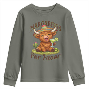 Funny Cinco De Mayo Highland Cow Youth Sweatshirt Margaritas Por Favor TS12 Military Green Print Your Wear