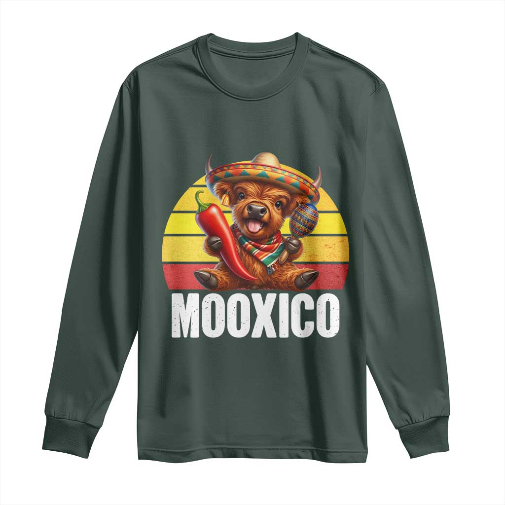 Funny Highland Cow MooXico Long Sleeve Shirt Cinco De Mayo Fiesta Party TS12 Dark Forest Green Print Your Wear