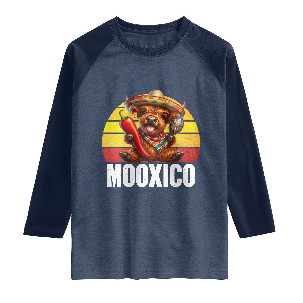 Funny Highland Cow MooXico Raglan Shirt Cinco De Mayo Fiesta Party TS12 Heather Denim Navy Print Your Wear