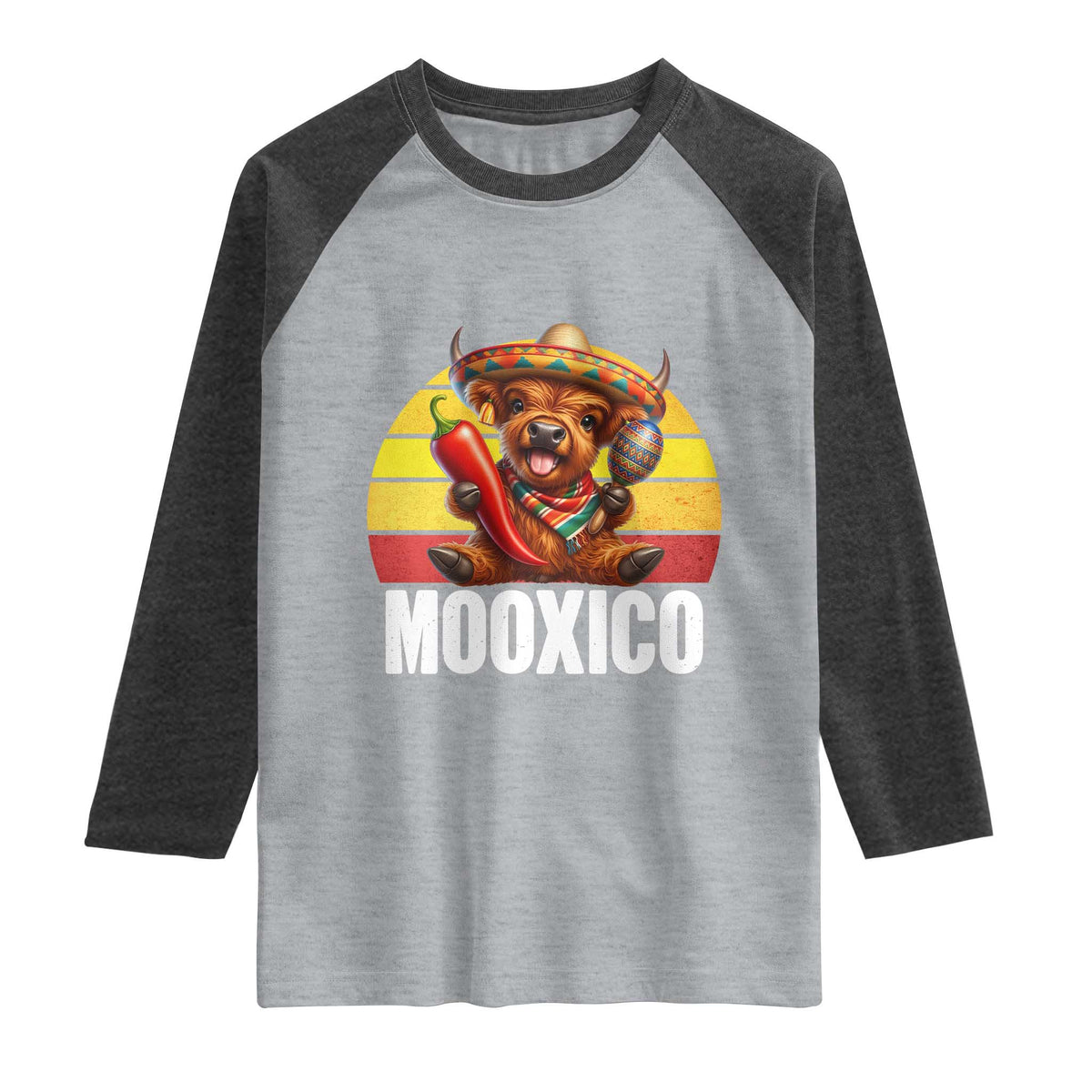 Funny Highland Cow MooXico Raglan Shirt Cinco De Mayo Fiesta Party TS12 Heather Gray Heather Charcoal Print Your Wear