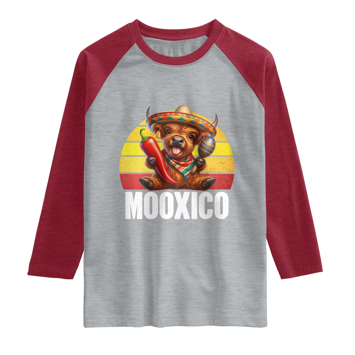 Funny Highland Cow MooXico Raglan Shirt Cinco De Mayo Fiesta Party TS12 Heather Gray Heather Red Print Your Wear