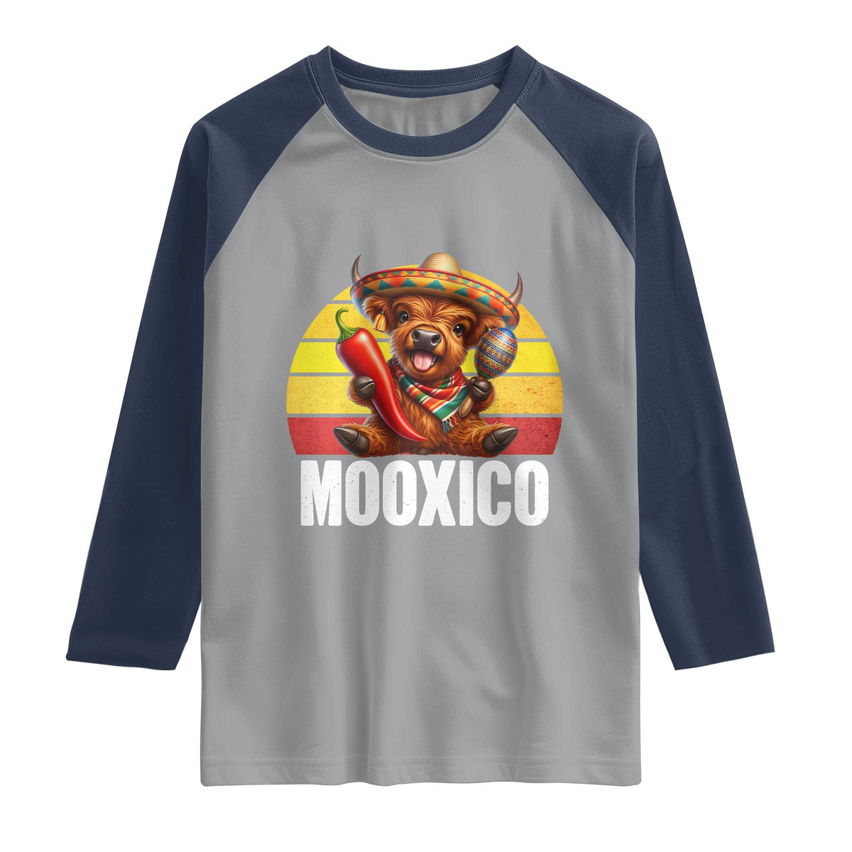 Funny Highland Cow MooXico Raglan Shirt Cinco De Mayo Fiesta Party TS12 Sport Gray Navy Print Your Wear