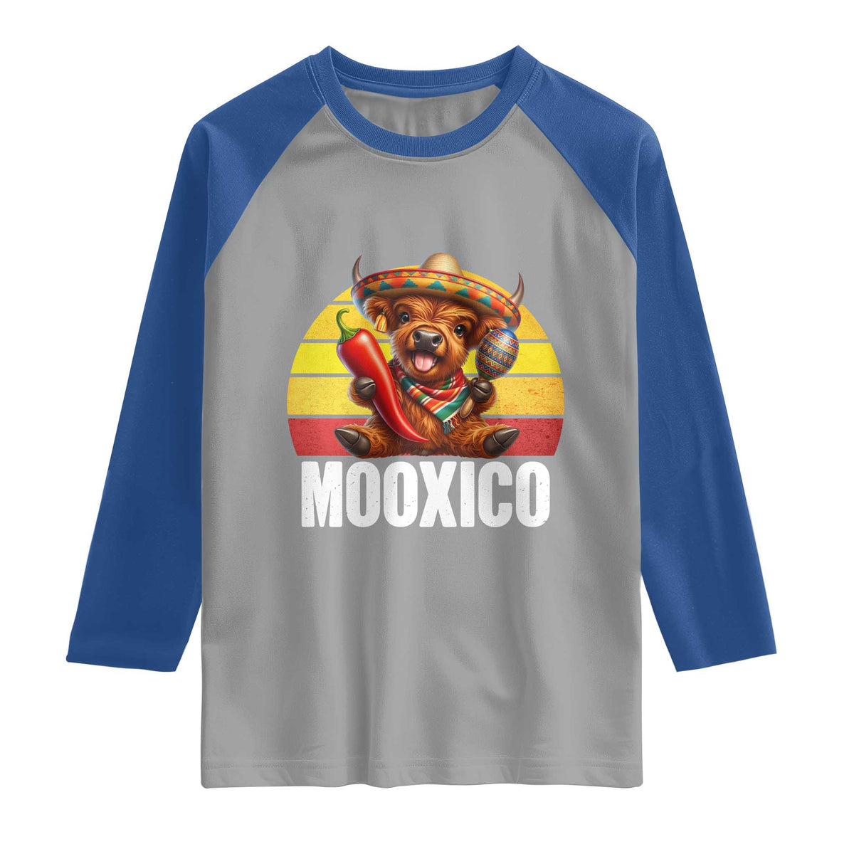 Funny Highland Cow MooXico Raglan Shirt Cinco De Mayo Fiesta Party TS12 Sport Gray Royal Print Your Wear