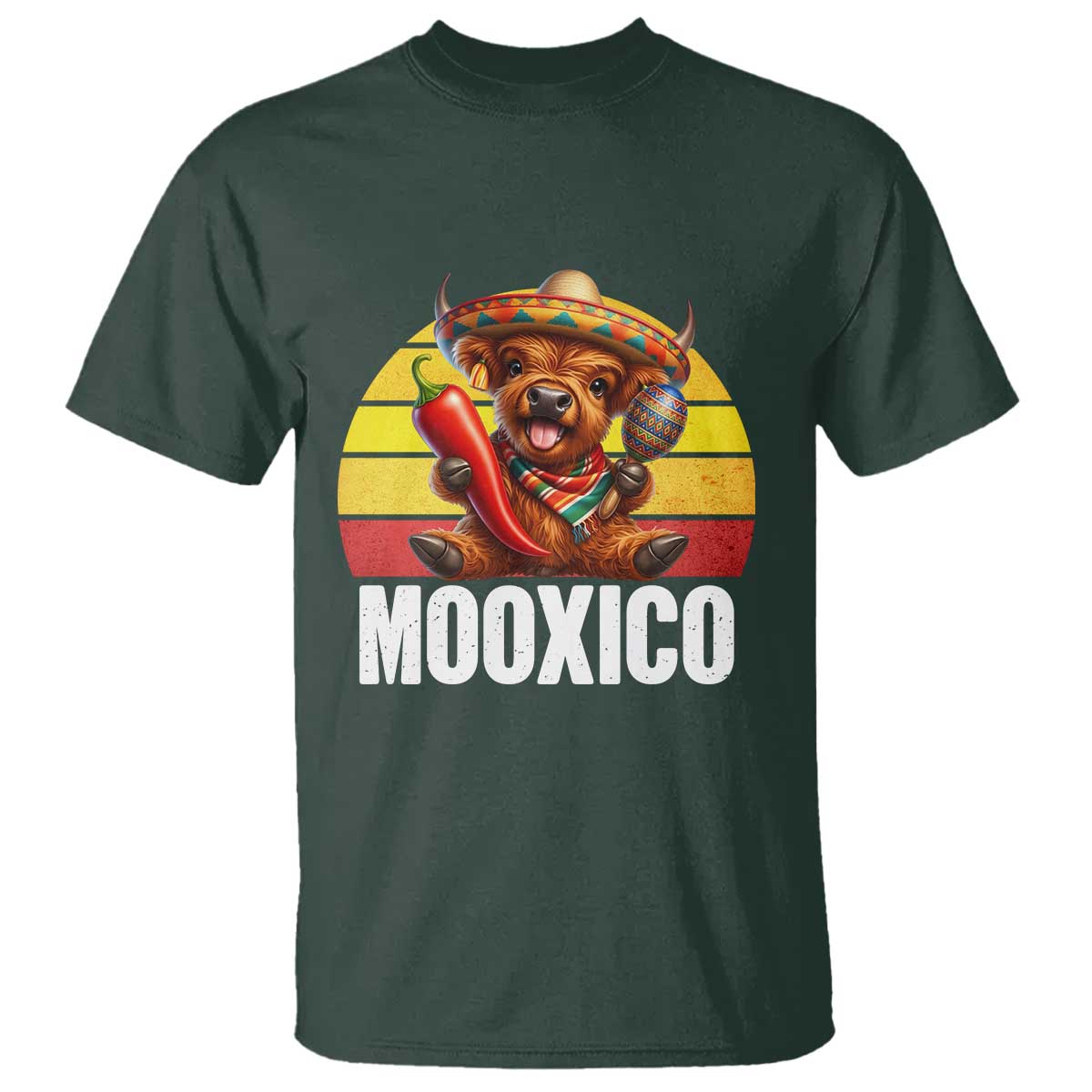 Funny Highland Cow MooXico T Shirt Cinco De Mayo Fiesta Party TS12 Dark Forest Green Print Your Wear