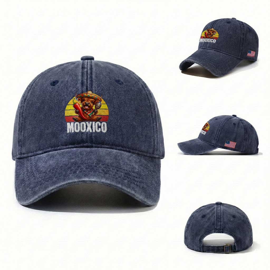 Funny Highland Cow MooXico Washed Cotton Baseball Cap Cinco De Mayo Fiesta Party TS12 Washed Cap Universal Fit Navy Print Your Wear
