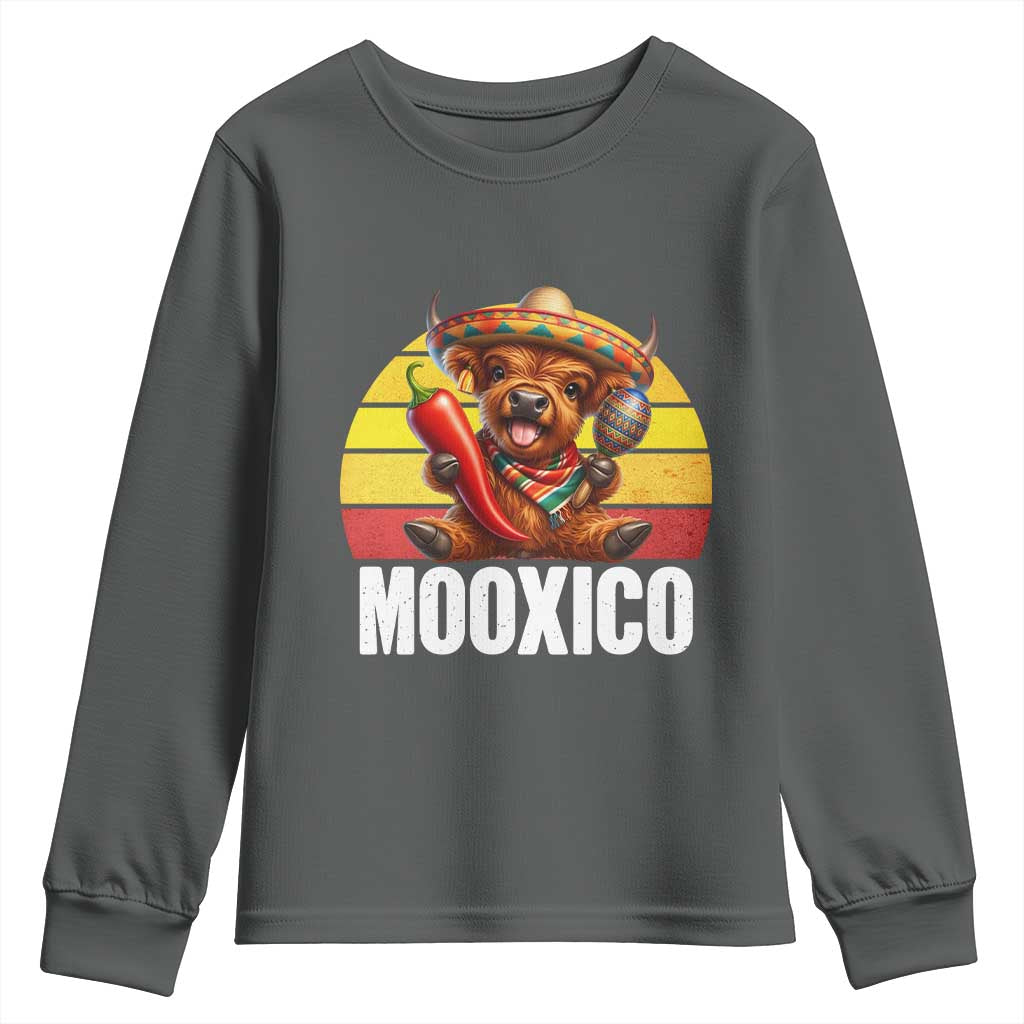 Funny Highland Cow MooXico Youth Sweatshirt Cinco De Mayo Fiesta Party TS12 Dark Heather Print Your Wear