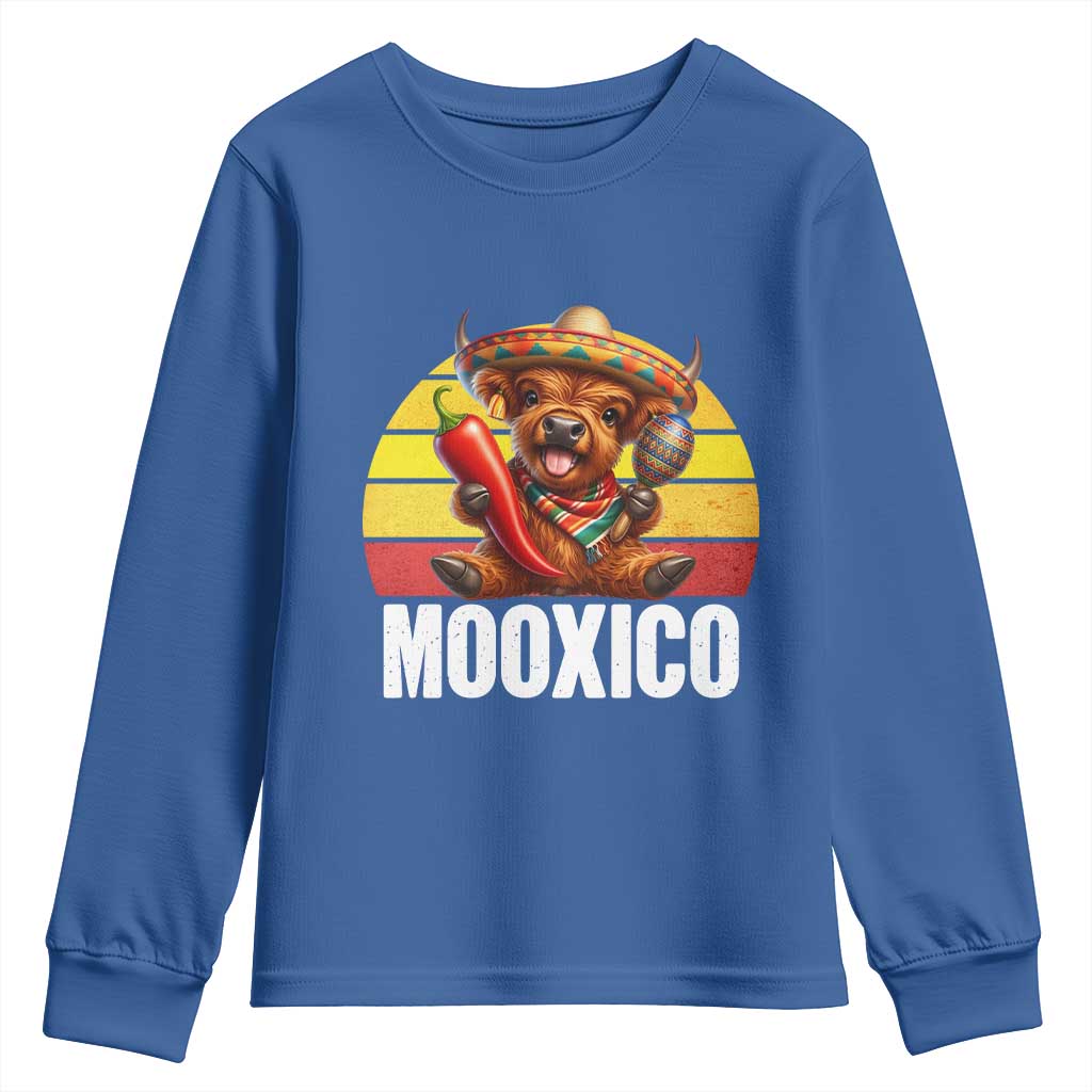 Funny Highland Cow MooXico Youth Sweatshirt Cinco De Mayo Fiesta Party TS12 Royal Blue Print Your Wear