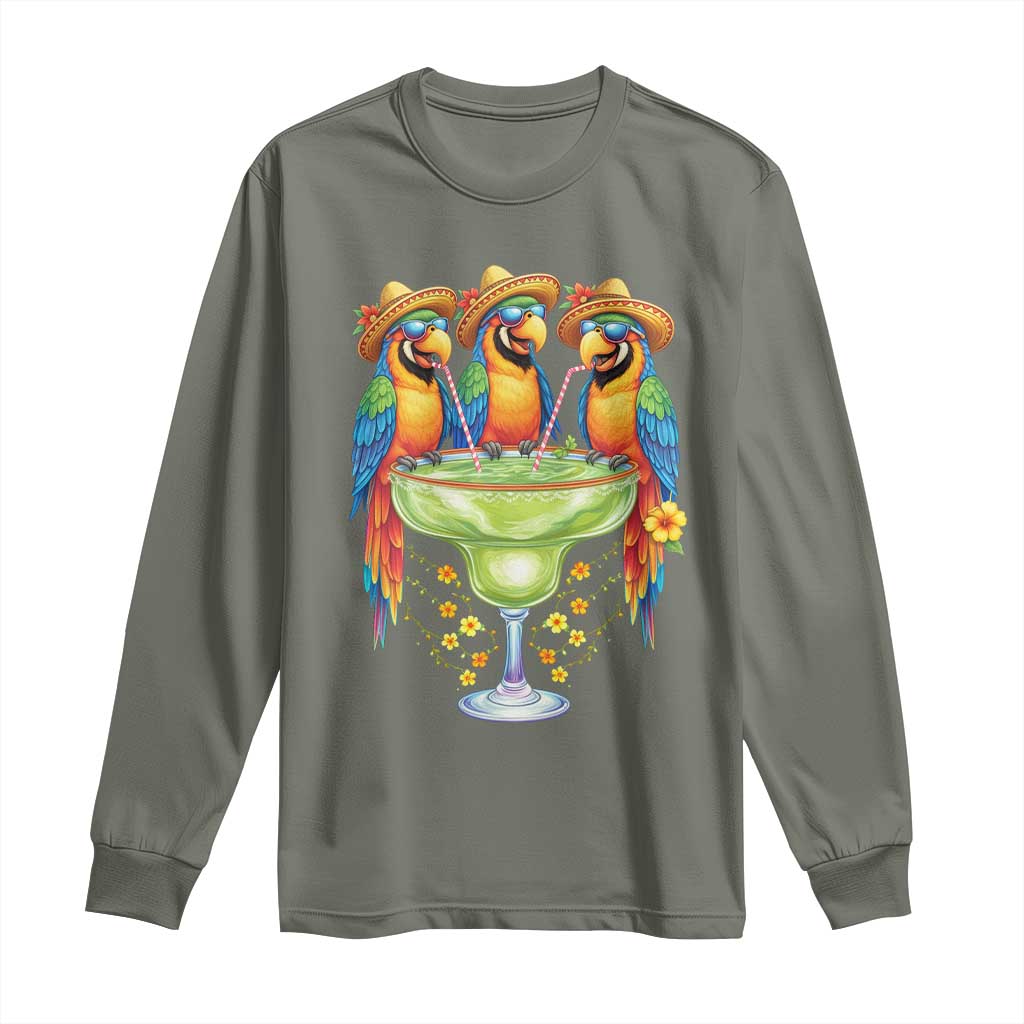Cinco De Mayo Summer Party Long Sleeve Shirt Funny Parrots Drinking Margaritas TS12 Military Green Print Your Wear