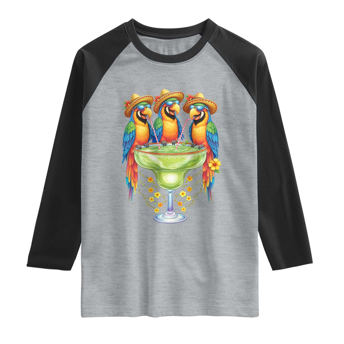 Cinco De Mayo Summer Party Raglan Shirt Funny Parrots Drinking Margaritas TS12 Heather Gray Black Print Your Wear