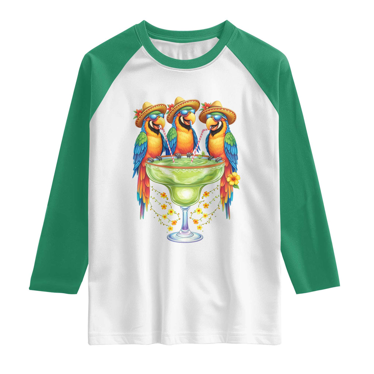 Cinco De Mayo Summer Party Raglan Shirt Funny Parrots Drinking Margaritas TS12 White Kelly Green Print Your Wear
