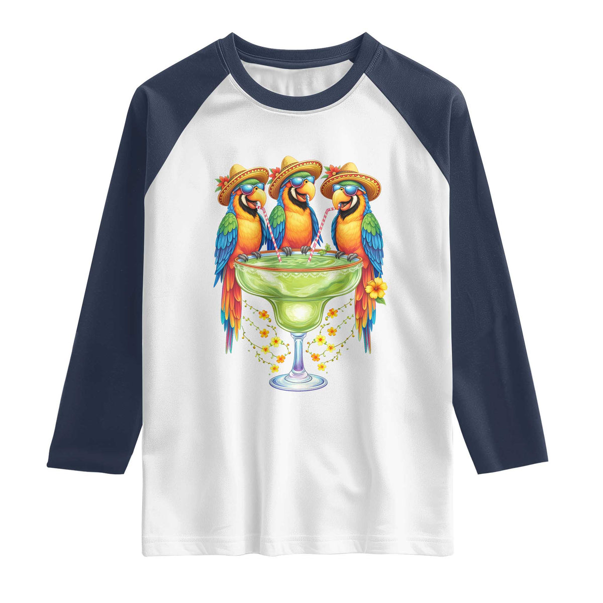 Cinco De Mayo Summer Party Raglan Shirt Funny Parrots Drinking Margaritas TS12 White Navy Print Your Wear