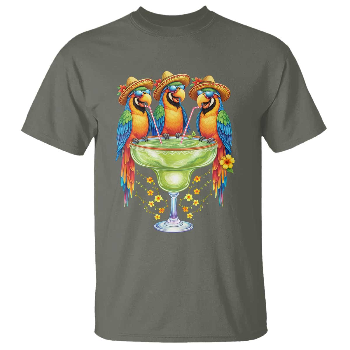 Cinco De Mayo Summer Party T Shirt Funny Parrots Drinking Margaritas TS12 Military Green Print Your Wear