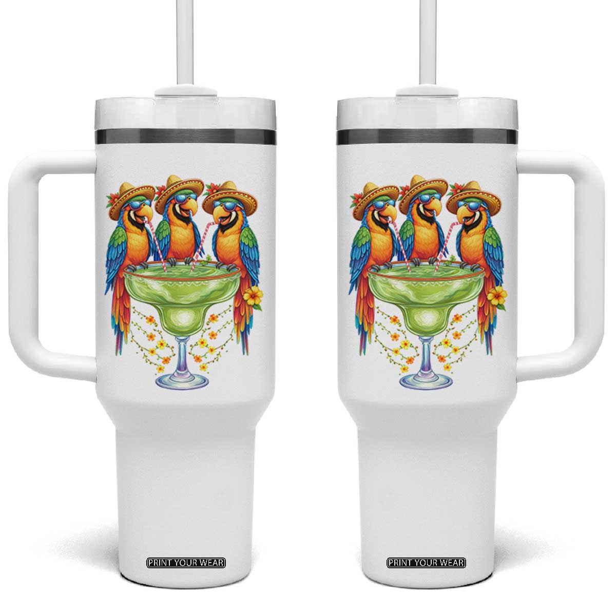 Cinco De Mayo Summer Party Tumbler With Handle Funny Parrots Drinking Margaritas TS12 One Size: 40 oz White Print Your Wear