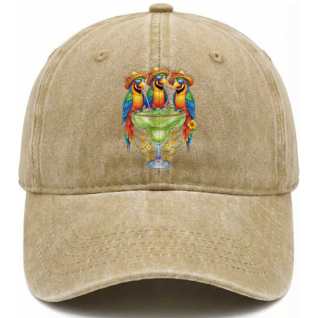Cinco De Mayo Summer Party Washed Cotton Baseball Cap Funny Parrots Drinking Margaritas TS12 Print Your Wear