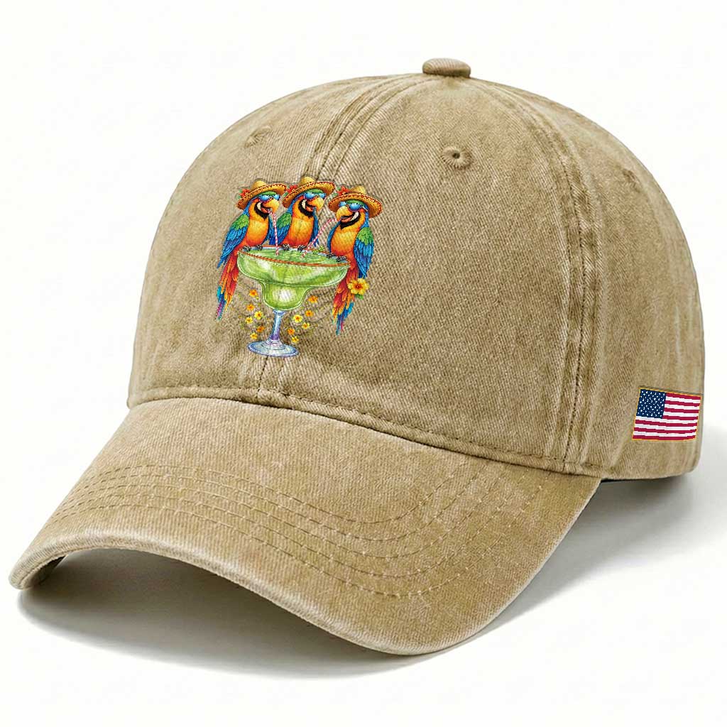 Cinco De Mayo Summer Party Washed Cotton Baseball Cap Funny Parrots Drinking Margaritas TS12 Print Your Wear