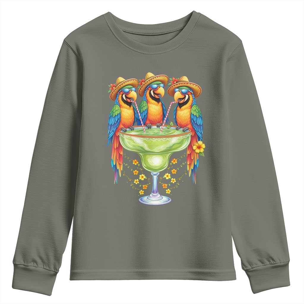 Cinco De Mayo Summer Party Youth Sweatshirt Funny Parrots Drinking Margaritas TS12 Military Green Print Your Wear