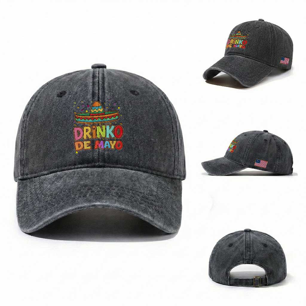 Funny Cinco De Mayo Day Drinking Fiesta Party Washed Cotton Baseball Cap Drinko De Mayo TS12 Washed Cap Universal Fit Dark Gray Print Your Wear