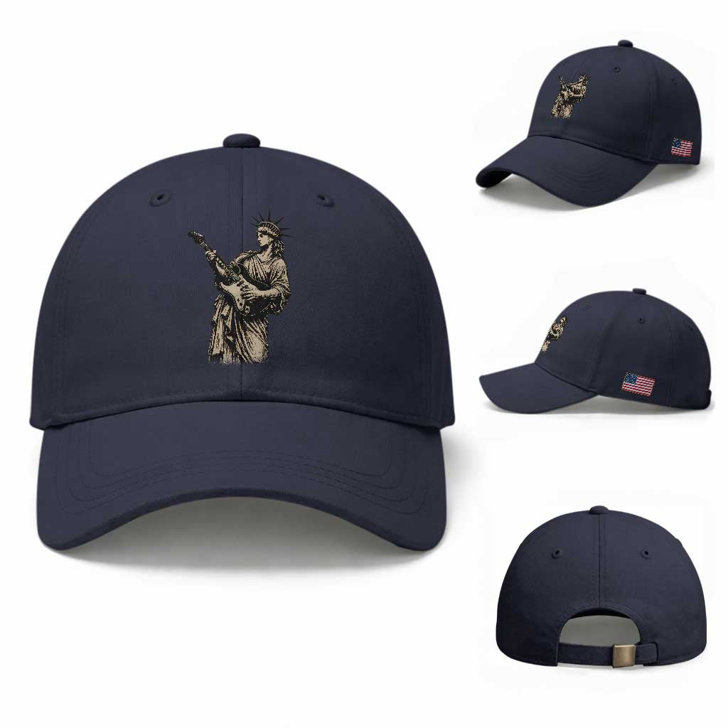 4th Of July Rock N Roll Baseball Cap Funny Statue Of Liberty Playing Guitar TS12 Baseball Cap Universal Fit Navy Print Your Wear