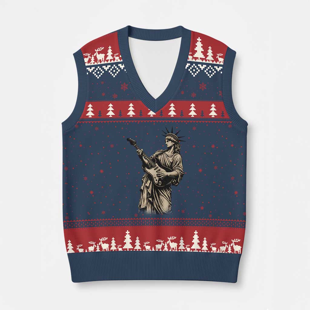 4th Of July Rock N Roll V-Neck Knit Sweater Vest Funny Statue Of Liberty Playing Guitar TS12 Navy Red Print Your Wear
