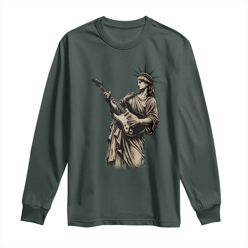 4th Of July Rock N Roll Long Sleeve Shirt Funny Statue Of Liberty Playing Guitar TS12 Dark Forest Green Print Your Wear