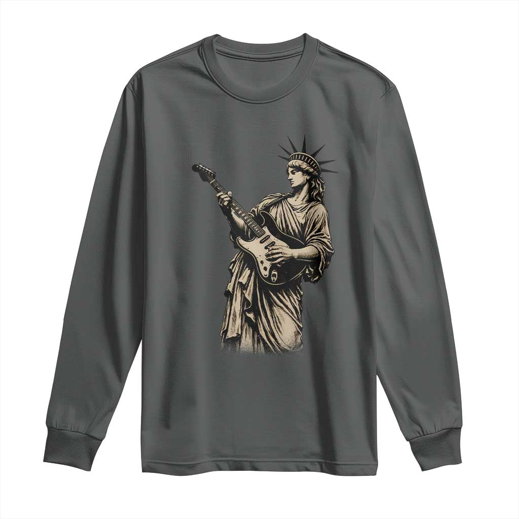 4th Of July Rock N Roll Long Sleeve Shirt Funny Statue Of Liberty Playing Guitar TS12 Dark Heather Print Your Wear