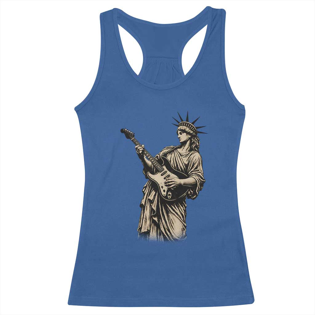 4th Of July Rock N Roll Racerback Tank Top Funny Statue Of Liberty Playing Guitar TS12 Royal Blue Print Your Wear