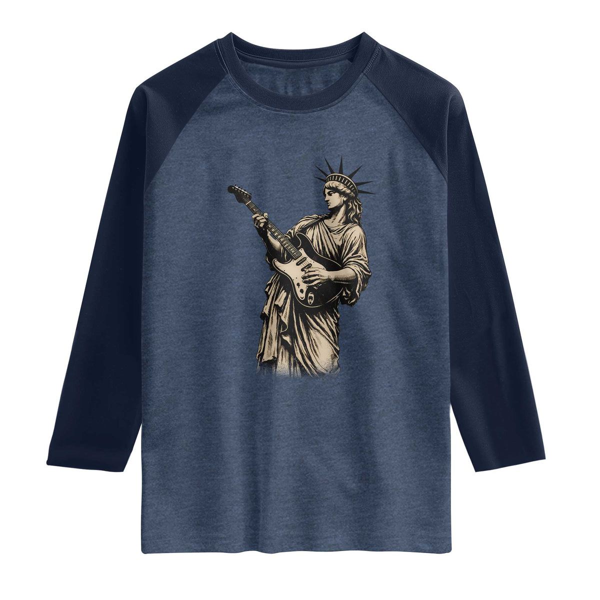 4th Of July Rock N Roll Raglan Shirt Funny Statue Of Liberty Playing Guitar TS12 Heather Denim Navy Print Your Wear