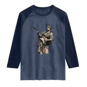4th Of July Rock N Roll Raglan Shirt Funny Statue Of Liberty Playing Guitar TS12 Heather Denim Navy Print Your Wear