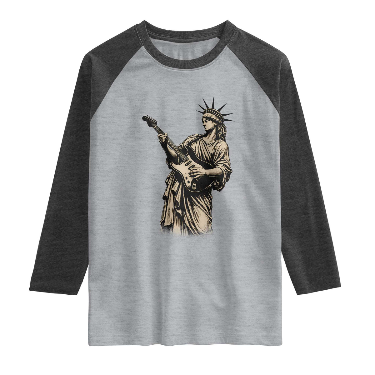 4th Of July Rock N Roll Raglan Shirt Funny Statue Of Liberty Playing Guitar TS12 Heather Gray Heather Charcoal Print Your Wear