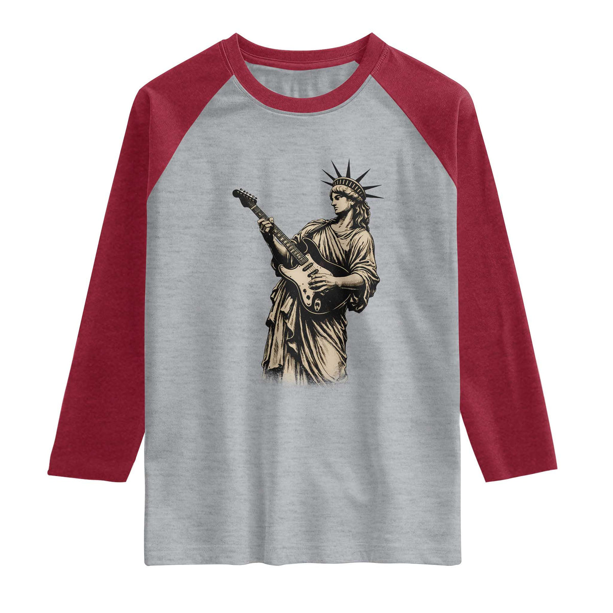 4th Of July Rock N Roll Raglan Shirt Funny Statue Of Liberty Playing Guitar TS12 Heather Gray Heather Red Print Your Wear