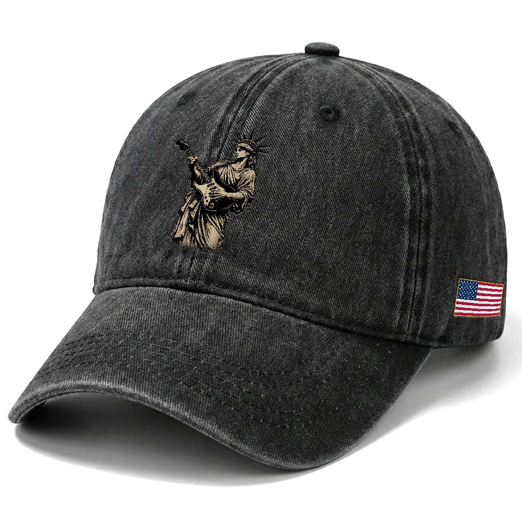 4th Of July Rock N Roll Washed Cotton Baseball Cap Funny Statue Of Liberty Playing Guitar TS12 Print Your Wear