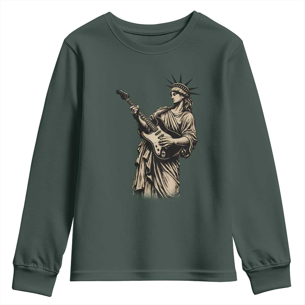 4th Of July Rock N Roll Youth Sweatshirt Funny Statue Of Liberty Playing Guitar TS12 Dark Forest Green Print Your Wear