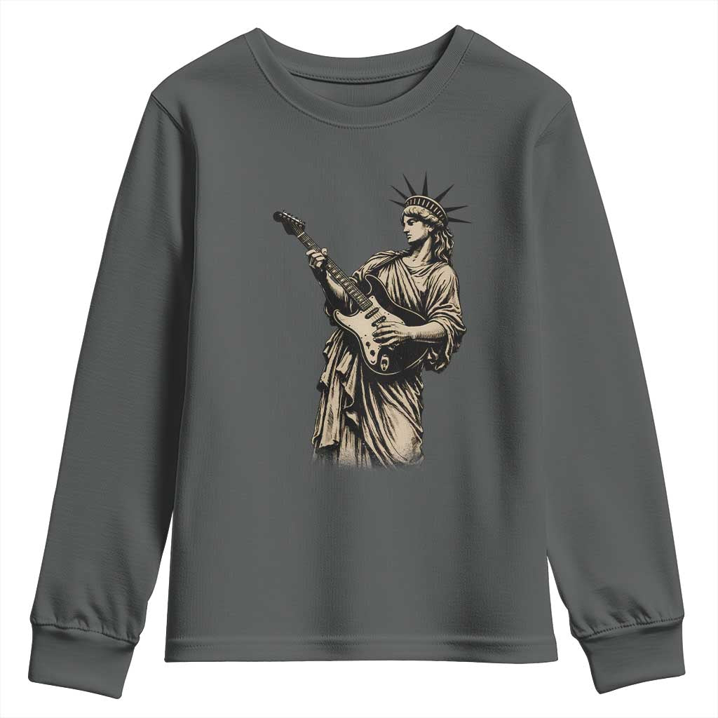 4th Of July Rock N Roll Youth Sweatshirt Funny Statue Of Liberty Playing Guitar TS12 Dark Heather Print Your Wear