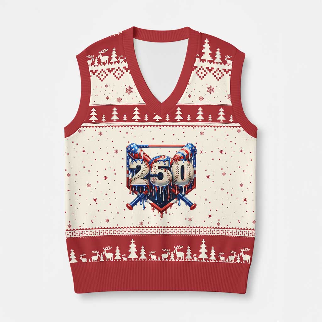 Patriotic Baseball Drip V-Neck Knit Sweater Vest USA 250th Anniversary Gift TS12 Beige Red Print Your Wear