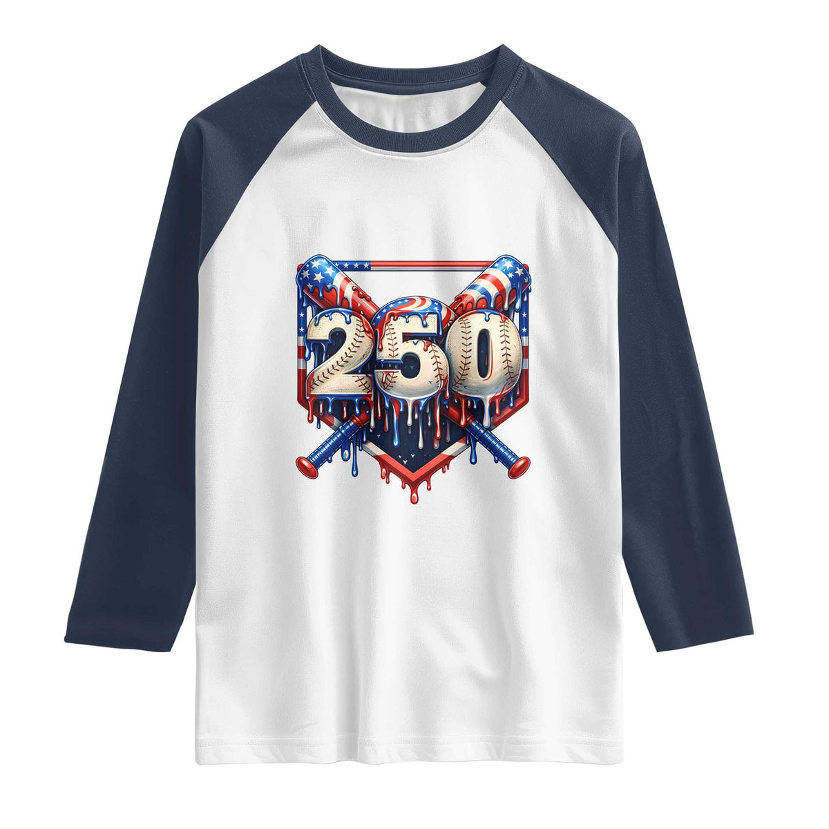 Patriotic Baseball Drip Raglan Shirt USA 250th Anniversary Gift TS12 White Navy Print Your Wear