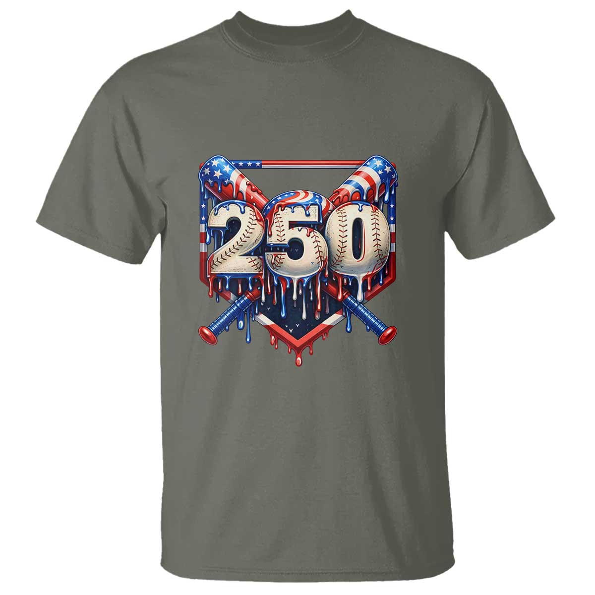 Patriotic Baseball Drip T Shirt USA 250th Anniversary Gift TS12 Military Green Print Your Wear