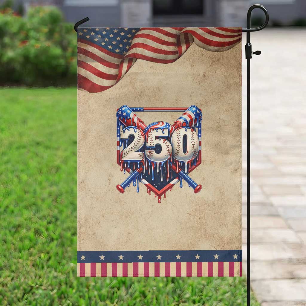 Baseball Drip Graphic Patriotic Garden Flag USA 250th Anniversary Gift TS12 Vintage Rustic Tan Navy Print Your Wear