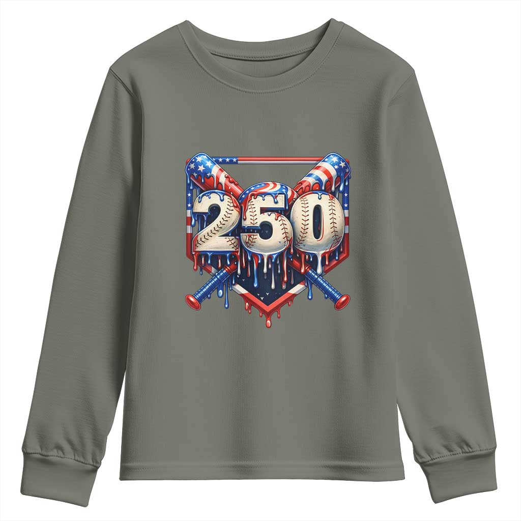 Patriotic Baseball Drip Youth Sweatshirt USA 250th Anniversary Gift TS12 Military Green Print Your Wear