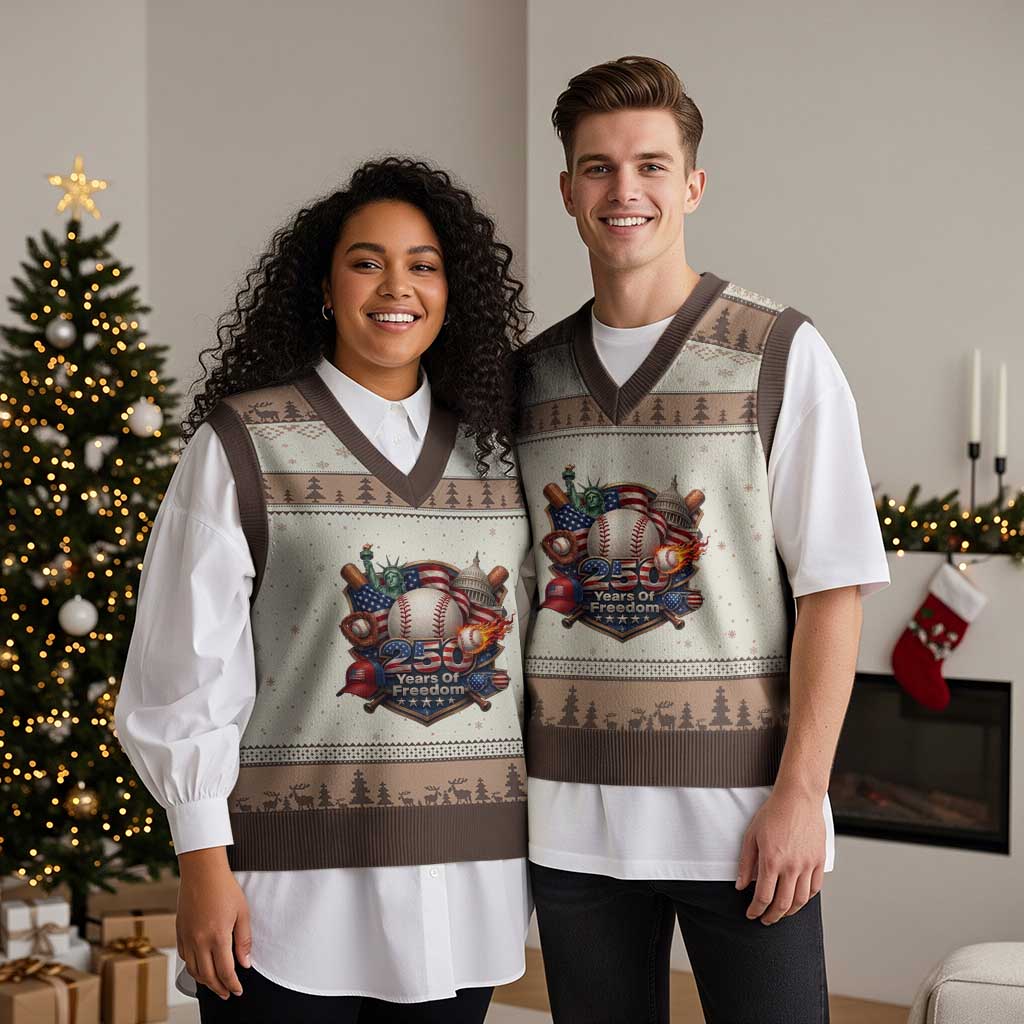 USA 250 Years Of Freedom Baseball Graphic V-Neck Knit Sweater Vest TS12 Mocha Mousse Print Your Wear