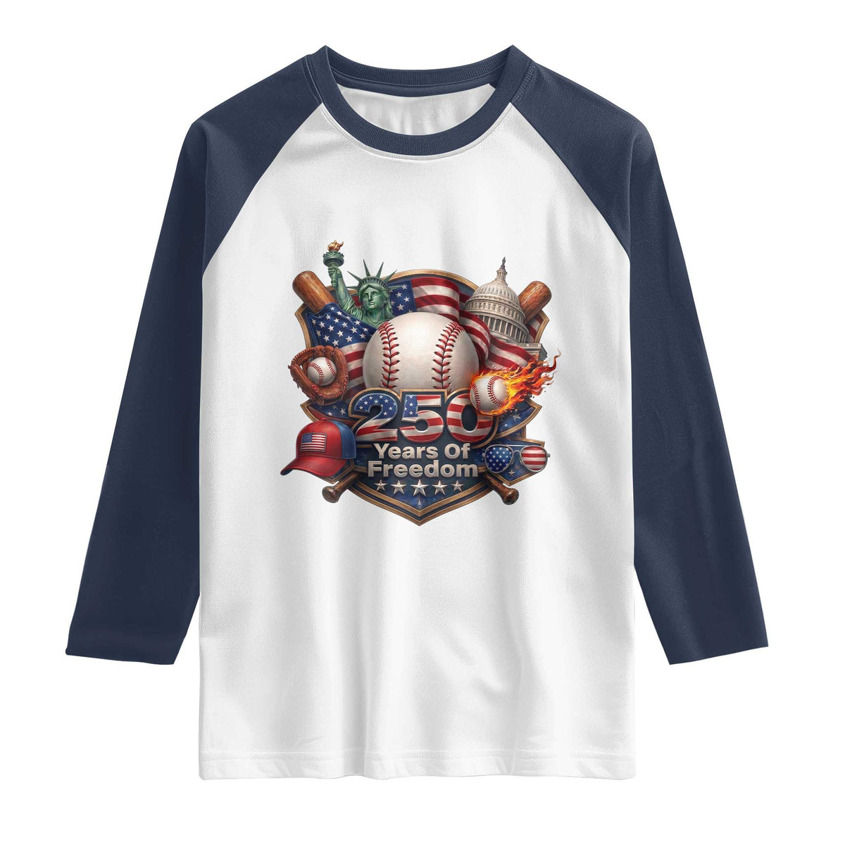 USA 250 Years Of Freedom Baseball Graphic Raglan Shirt TS12 White Navy Print Your Wear