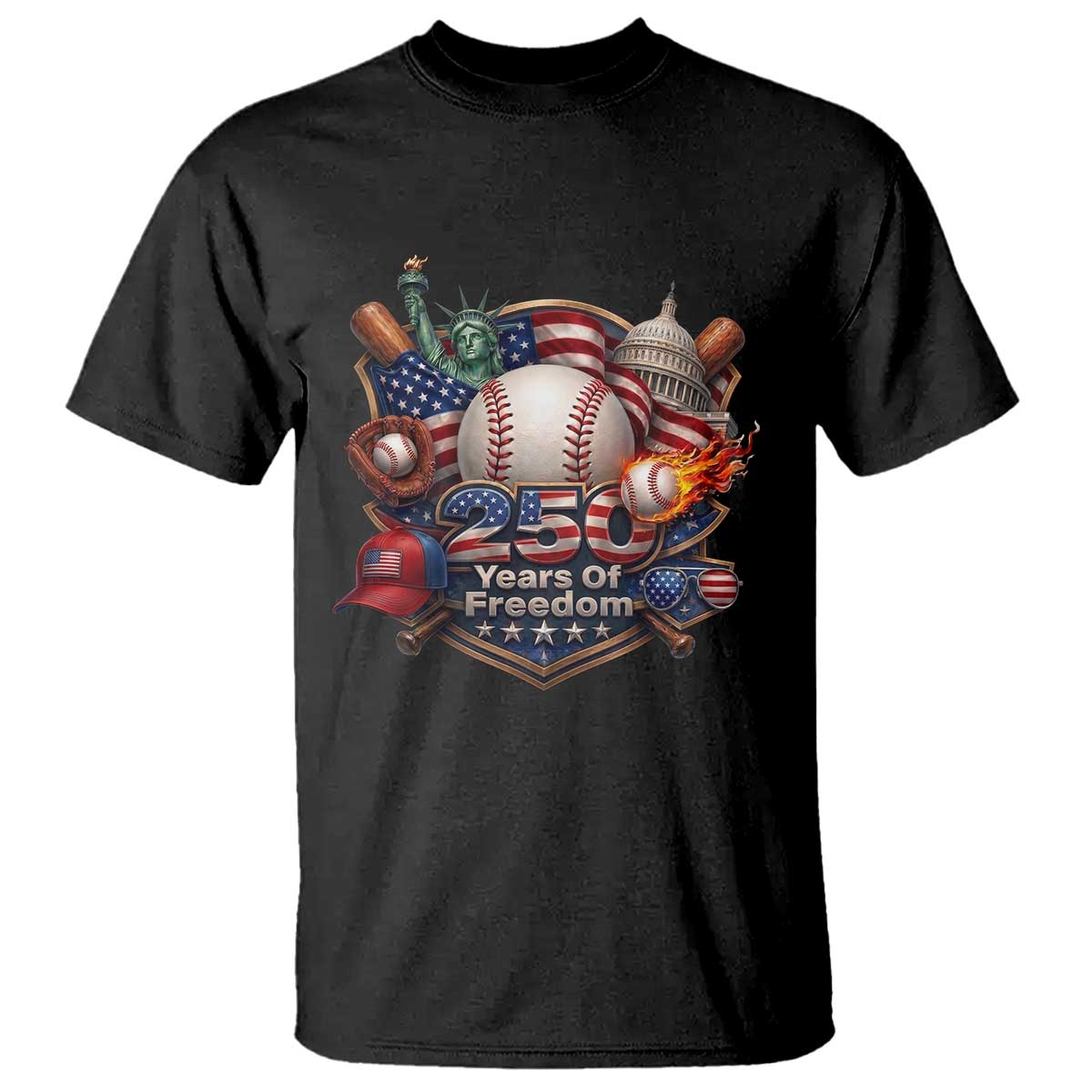 USA 250 Years Of Freedom Baseball Graphic T Shirt TS12 Black Print Your Wear